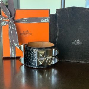 Hermès Black Croc CDC Silver Hardware Bracelet